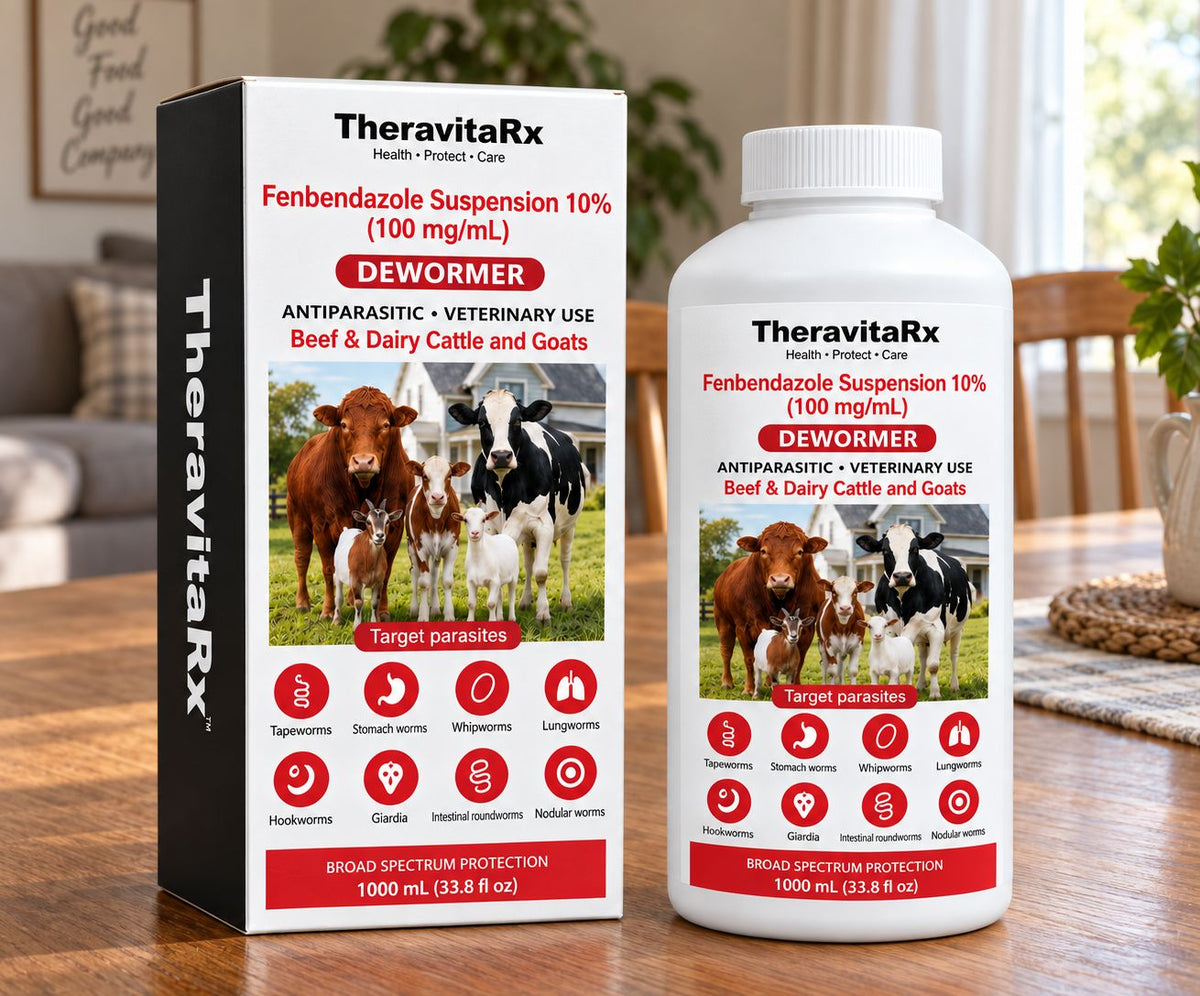 TheravitaRx Fenbendazole Suspension 10% (100 mg/mL) – Veterinary Dewormer for Cattle & Goats – 1000 mL